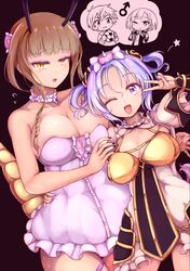  2boys 2girls ball black_nails blue_skirt blush breasts brown_hair choker closed_mouth collarbone commentary_request cosplay costume_switch dragon_horns dragon_tail dress dual_persona explosive eyebrows_visible_through_hair eyeshadow fingernails flat_chest flying_sweatdrops frilled_choker frills furrowed_eyebrows genderswap genderswap_(mtf) grenade highres holding horn horns kishibe_souta kyukyutto_(denryoku_hatsuden) la_pucelle_(mahoiku) large_breasts looking_at_viewer mahou_shoujo_ikusei_keikaku makeup mars_symbol multiple_boys multiple_girls nail_polish one_eye_closed osanai_kaoru oversized_clothes parted_lips partially_colored pink_nails purple_hair sharp_fingernails short_hair short_hair_with_long_locks skirt slit_pupils smile soccer_ball standing star stella_lulu strapless strapless_dress sweat sweatdrop tail v violet_eyes white_dress yellow_eyes 