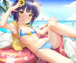  1girl :q arm_up bangs bare_arms bare_shoulders bikini blue_bikini blue_hair blue_sky blurry blurry_background blush breasts clouds collarbone commentary_request day depth_of_field drawstring eyebrows_visible_through_hair feet_out_of_frame floral_print flower gochuumon_wa_usagi_desu_ka? hair_flower hair_ornament holding horizon jacket jouga_maya knee_up looking_at_viewer lying navel niiya ocean on_back open_clothes open_jacket outdoors palm_tree short_hair side-tie_bikini sky sleeveless sleeveless_jacket small_breasts solo sunflower swimsuit tongue tongue_out tree untied untied_bikini water yellow_eyes yellow_flower yellow_jacket 