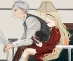  1boy 1girl ashtray blonde_hair blue_eyes book cigarette collared_shirt cup dress drinking_glass feet_out_of_frame grey_hair hairband isshiki_(ffmania7) kneehighs lamp long_hair newspaper original profile reading red_dress red_eyes shirt sitting sketch smoking very_long_hair waistcoat wavy_hair 