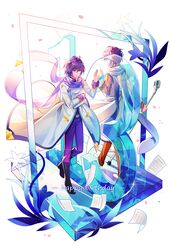  2boys absurdres belt birthday blue_eyes blue_hair blue_scarf boots coat commentary dual_persona english_commentary flower full_body glass hand_up happy_birthday highres holding holding_microphone_stand holding_paper kaito kaito_(vocaloid3) kazenemuri lily_(flower) male_focus microphone microphone_stand multiple_boys number pants paper petals scarf see-through sheet_music short_hair smile vocaloid walking white_coat 