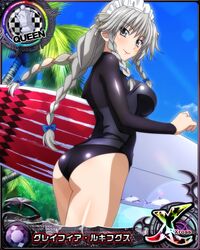  1girl ass braid breasts card_(medium) character_name chess_piece closed_mouth day grayfia_lucifuge grey_eyes grey_hair high_school_dxd high_school_dxd_cross large_breasts lipstick long_hair looking_at_viewer maid_headdress makeup official_art palm_tree queen_(chess) red_lipstick smile solo source_request standing surfboard swimsuit thighs trading_card tree twin_braids 