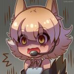  1girl animal_costume animal_ear_fluff animal_ears blonde_hair coyote_(kemono_friends) coyote_ears coyote_girl coyote_tail hikarikmy kemono_friends kemono_friends_v_project microphone open_mouth shirt short_hair simple_background sleeveless solo surprised tail virtual_youtuber white_shirt yellow_eyes 