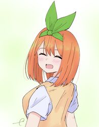  1girl :d ^_^ bangs blush breasts closed_eyes collared_shirt eyebrows_behind_hair facing_viewer go-toubun_no_hanayome green_ribbon hair_between_eyes hair_ribbon highres kujou_karasuma medium_breasts nakano_yotsuba open_mouth orange_hair ribbon shirt short_sleeves signature smile solo sweater_vest upper_body upper_teeth white_shirt 