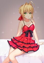  1girl absurdres ahoge arm_support blonde_hair braid breasts collarbone dress fate/extra fate/extra_ccc fate_(series) french_braid green_eyes hair_bun hair_intakes hair_ribbon highres large_breasts layered_dress nero_claudius_(fate) nero_claudius_(fate)_(all) red_dress red_ribbon ribbon short_dress sitting sleeveless sleeveless_dress tming 