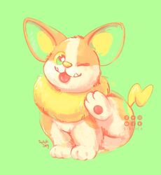  corgi dated deviantart dog facebook fangs gen_8_pokemon green_background instagram light_green_background looking_at_viewer one_eye_closed pokemon pokemon_(creature) pokemon_swsh scratching siplick smile teeth tongue tongue_out tumblr twitter yamper yellow_nose youtube 