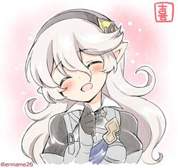  1girl armor closed_eyes corrin_(fire_emblem) corrin_(fire_emblem)_(female) cute dragon_girl elf eromame female_my_unit_(fire_emblem_if) fire_emblem fire_emblem_fates fire_emblem_if intelligent_systems kamui_(fire_emblem) long_hair moe my_unit_(fire_emblem_if) nintendo open_mouth pointy_ears solo super_smash_bros. twitter_username upper_body white_hair 