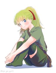  1girl absurdres animal bangs belt blonde_hair blunt_bangs blush brown_belt closed_mouth collared_shirt commentary full_body girls_und_panzer green_legwear green_shirt green_shorts hair_ribbon hands_together highres interlocked_fingers koala_forest_military_uniform leaning_forward leg_hug long_hair looking_at_viewer no_shoes oze_(xyz_go_go11) ponytail pouch red_ribbon ribbon sam_browne_belt shadow shirt short_sleeves shorts simple_background sitting smile solo thigh-highs wallaby_(girls_und_panzer) white_background 