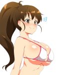  1girl arched_back arms_at_sides bangs bare_arms bare_shoulders bikini blush body_blush brown_hair closed_mouth commentary_request flying_sweatdrops hair_strand high_ponytail highres long_hair nape nose_blush ribs shiny shiny_skin simple_background smile solo strap_gap swimsuit taneshima_popura upper_body v-shaped_eyebrows very_long_hair white_background white_bikini working!! yue_(show-ei) 