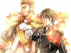  2boys beard black_hair blue_eyes brown_hair epaulettes facial_hair fate/grand_order fate_(series) fujimaru_ritsuka_(male) gloves hand_on_another&#039;s_shoulder hand_on_hip highres long_sleeves looking_to_the_side male_focus multiple_boys napoleon_bonaparte_(fate/grand_order) sash simple_background smile standing uniform upper_body white_background zuman_(zmnjo1440) 