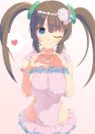  1girl armlet bangs blue_eyes blue_frills blush breasts brown_hair closed_mouth collarbone coral covered_navel facing_viewer flower frilled_swimsuit frills gradient gradient_background hair_between_eyes hair_flower hair_ornament hands_up heart heart_hands heart_necklace jewelry large_breasts long_hair looking_at_viewer minori_(senran_kagura) one-piece_swimsuit one_eye_closed pink_background pink_frills pink_swimsuit ring_hair_ornament senran_kagura shiny shiny_hair shiny_skin sideboob sidelocks smile solo spoken_heart star star_print starfish swimsuit swimsuit_skirt tottotonero twintails upper_body white_background 