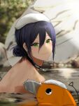  1girl :3 black_eyes blue_hair blush chainsaw_man closed_mouth commentary_request green_eyes hair_between_eyes highres isobe47 looking_at_viewer onsen outdoors pochita_(chainsaw_man) reze_(chainsaw_man) rock smile towel towel_on_head wet wet_hair 