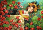  1girl animal black_hair black_kimono bow brown_eyes commentary_request fine_art_parody fish flower flower_on_liquid hair_ornament half-closed_eyes highres japanese_clothes kimono layered_clothing layered_kimono lily_pad looking_at_viewer lying nekozuki_yuki oiran on_back ophelia_(painting) original parody parted_lips petals petals_on_liquid red_flower red_kimono shallow_water short_eyebrows solo thick_eyebrows water white_bow 