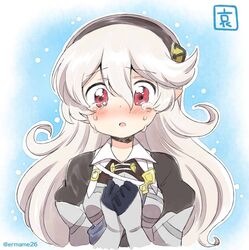  1girl armor black_hairband corrin_(fire_emblem) corrin_(fire_emblem)_(female) crying eromame fire_emblem fire_emblem_fates hairband long_hair open_mouth pointy_ears red_eyes solo twitter_username upper_body white_hair 