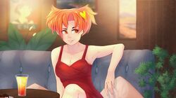  1girl 2ch.ru cafe cake couch cup dress drinking_glass dvach-tan everlasting_summer food game highres looking_at_viewer melloncollie-chan novel orange_eyes orange_hair plant restaurant short_hair smile solo table twintails video_game visual_novel 