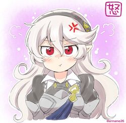  1girl anger_vein armor black_hairband closed_mouth corrin_(fire_emblem) corrin_(fire_emblem)_(female) eromame fire_emblem fire_emblem_fates hairband long_hair pointy_ears red_eyes solo twitter_username upper_body white_hair 