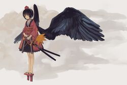  1girl absurdres alternate_costume bangs bare_legs black_hair black_skirt black_wings bob_cut bow closed_mouth clouds fan feathered_wings full_body geta grey_background hat highres japanese_clothes katana kimono leaf leaf_fan looking_at_viewer looking_to_the_side orange_ribbon red_bow red_eyes ribbon sash scabbard serious shameimaru_aya sheath sheathed short_hair skirt solo standing sword tengu-geta tokin_hat touhou weapon white_ribbon wide_sleeves wings xii_yashizhongzhan 