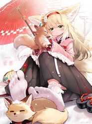  absurdres animal animal_ears arknights blonde_hair blush bobby_socks coin_purse feet fox fox_ears fox_girl fox_tail hakama hehehzb highres holding holding_animal japanese_clothes kimono multiple_tails smile socks soles suzuran_(arknights) suzuran_(yukibare)_(arknights) tabi tail toes umbrella white_socks 