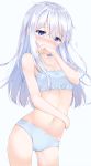  1girl aqua_bra aqua_panties blue_eyes blush bra breasts eyebrows_visible_through_hair hair_between_eyes hibiki_(kantai_collection) highres kantai_collection long_hair navel niruanu_(nitayam) panties silver_hair simple_background small_breasts solo underwear white_background 