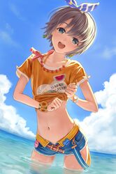  1girl bangs belt black_eyes black_hair blue_ribbon blue_sky blush commentary_request day earrings eyebrows_visible_through_hair flat_chest flower_earrings grey_hair highres idolmaster idolmaster_cinderella_girls in_water jewelry looking_at_viewer melon_print navel nekopuchi open_fly open_mouth otokura_yuuki outdoors red_belt ribbon short_hair short_shorts short_sleeves shorts sky smile solo standing watch watch 