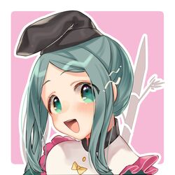  1girl :d bamboo black_headwear blush border bow commentary_request dress eyebrows_visible_through_hair frilled_shirt_collar frills green_dress green_eyes green_hair head_tilt looking_at_viewer mokokiyo_(asaddr) open_mouth outline outside_border pink_background portrait short_hair_with_long_locks sidelocks simple_background smile solo teireida_mai touhou white_border white_outline yellow_bow 