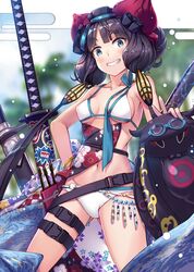  1girl animal bangs bare_arms bare_shoulders bikini blue_eyes blurry blurry_background blush breasts commentary_request depth_of_field egasumi eyebrows_visible_through_hair fate/grand_order fate_(series) floral_print goggles goggles_on_head grin hair_ornament hand_on_hip head_tilt katana katsushika_hokusai_(fate/grand_order) katsushika_hokusai_(swimsuit_saber)_(fate) long_hair looking_at_viewer low_twintails medium_breasts octopus purple_hair renka_(renkas) sheath smile swimsuit sword tokitarou_(fate/grand_order) twintails v-shaped_eyebrows very_long_hair water weapon white_bikini 