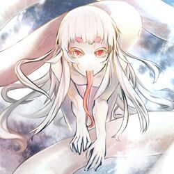  1girl ad-6-0001a alf874 alien bent_over commentary commentary_request english_commentary long_hair long_tongue looking_at_viewer monster_girl nude project_a.d.a. red_eyes revision short_eyebrows signature solo tail tongue tongue_out twitter_username veins very_long_tail very_long_tongue white_hair white_skin 