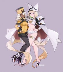  2girls absurdly_long_hair black_legwear blonde_hair blue_eyes breasts cape cosplay costume_switch dark_skin eyebrows_visible_through_hair eyes_visible_through_hair full_body fur_hat gloves guilty_gear guilty_gear_xrd hair_between_eyes hand_on_hip hat high_heels highres kyou_(ningiou) long_hair looking_at_viewer medium_breasts millia_rage multiple_girls navel orange_eyes orange_headwear pantyhose ramlethal_valentine short_hair short_shorts shorts simple_background standing thigh_strap twitter_username under_boob very_long_hair white_hair yellow_eyes 