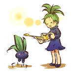  1girl ^_^ blush_stickers closed_eyes crossover dress green_hair hitec jump jumping moemon oddish open_mouth personification pokemon pokemon_(creature) pokemon_(game) pokemon_rgby rozen_maiden simple_background smile standing turtleneck watering_can 