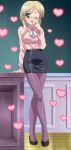  blonde_hair blush cap glasses heart hearts high_heels highres kamishiro_yukari kamishiro_yukari_(nogizaka_haruka) legs nogizaka_haruka_no_himitsu pantyhose screencap stitched table wink 