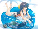  blue_hair breasts brown_eyes camisole cleavage coconut couch denim denim_shorts feet fish hirokiku jellyfish long_hair lying mouth_hold on_stomach original pocky shorts water 