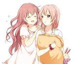  :d ^_^ bad_id closed_eyes collarbone copyright_request eyes_closed hands_on_shoulders long_hair multiple_girls object_hug open_mouth pillow pink_hair red_hair redhead sao_(0060) smile 