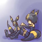  1girl black_hair blush_stickers costume detached_sleeves hitec moemon personification pokemon pokemon_(creature) pokemon_(game) pokemon_gsc red_eyes short_hair simple_background sitting tail thigh-highs thighhighs umbreon zettai_ryouiki 