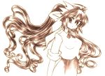  1girl blush breasts gomamiso_sti long_hair looking_at_viewer miwajou monochrome original simple_background smile solo very_long_hair 