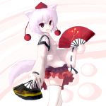  ass chipika fan folding_fan hat inubashiri_momiji looking_back lowres oekaki orange_eyes skirt smile tail thighhighs touhou white_hair wolf_ears wolf_tail zettai_ryouiki 