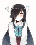  1girl black_hair blush crying crying_with_eyes_open hair_over_one_eye hayashimo_(kantai_collection) itomugi-kun kantai_collection long_hair looking_at_viewer pale_skin pink_eyes ribbon simple_background solo teardrop tears very_long_hair white_background 