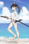  as-special ass barefoot beach bikini black_hair eyepatch feet highres katana long_legs ponytail sakamoto_mio satou_atsuki strike_witches swimsuit swimsuit_under_clothes sword tail weapon 