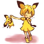  1girl blonde_hair blush_stickers closed_eyes dress hitec holding lifting moemon personification pichu pokemon pokemon_(creature) pokemon_(game) pokemon_gsc short_hair simple_background standing 