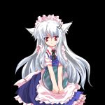  alphes_(style) alternate_costume anger_vein angry animal_ears apron auer black_background enmaided frills gathers inubashiri_momiji long_hair maid maid_headdress parody red_eyes ribbon simple_background style_parody touhou very_long_hair white_hair wolf_ears 