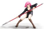  breasts cleavage fighting_stance leather_jacket monster_hunter pink_hair polearm rasukaru short_hair side_slit skirt solo spear weapon yellow_eyes 