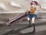  blush brown_hair gun huge_weapon long_hair ponytail rasukaru rasukaru_(pixiv74058) rifle school_uniform weapon 