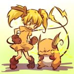  &gt;:3 &gt;_&lt; 1girl blonde_hair blush_stickers brown_eyes electricity gloves hitec lightning long_hair moemon open_mouth personification pokemon pokemon_(creature) pokemon_(game) pokemon_rgby raichu simple_background standing tail twintails 