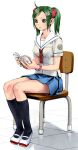  akiman book chair green_hair highres reading ribbon ribbons school_uniform serafuku sitting twintails yasuda_akira 