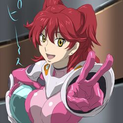  bad_haro barrier bodysuit freckles gloves gundam gundam_00 helmet long_hair nena_trinity pilot_suit red_hair redhead repulsive_screen v yellow_eyes 