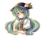 blue_hair blush bowtie food fruit hat heart hinanawi_tenshi leaf long_hair looking_at_viewer outline peach puffy_sleeves red_eyes ribbon simple_background solo touhou yutsuka 