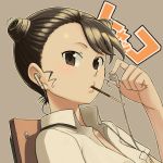  brown_eyes brown_hair double_bun double_buns earbuds earphones hyakko mouth_hold pocky saotome_suzume short_hair solo 