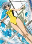  2001 black_eyes competition_swimsuit female from_below girl gokajo_satsuki grey_hair happy_lesson one-piece_swimsuit short_hair silver_hair sky solo swimsuit towel wristband yellow_swimsuit 