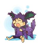  1boy barefoot closed_eyes costume fang hitec horns male moemon nidoran personification pokemon pokemon_(creature) pokemon_(game) pokemon_rgby purple_hair scratches short_hair simple_background sitting tears 