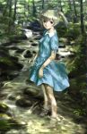  blonde_hair blue_eyes blush dress forest nature rasukaru shade smile solo stream twintails wading water 