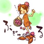  1girl ^_^ bare_shoulders basket blush_stickers brown_hair bun_cover china_dress chinadress chinese_clothes closed_eyes double_bun double_buns food_as_clothes freckles hitec laugh laughing moemon mushroom open_mouth paras personification pokemon pokemon_(creature) pokemon_(game) pokemon_rgby simple_background sleeveless smile trample translated translation_request turtleneck 
