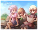  alternate_hairstyle bench blonde_hair bottle brown_hair casual inuinui lunasa_prismriver lyrica_prismriver merlin_prismriver multiple_girls pink_hair ponytail purple_eyes red_eyes short_hair siblings sisters sitting touhou 